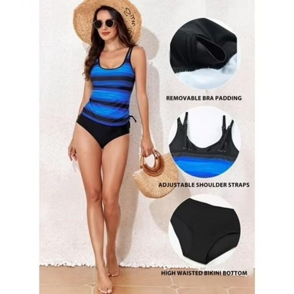 Women's Blue Tankini Set Two Piece Tummy Control High Waist Swimsuit Size Large - Picture 2 of 6